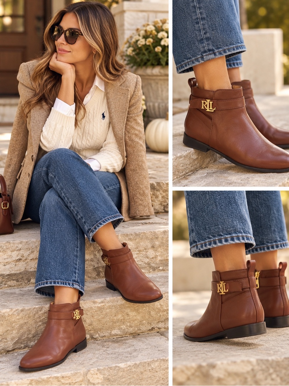 Lauren Ralph Lauren Chestnut Leather Ankle Boots with Gold RL Accent size 8B